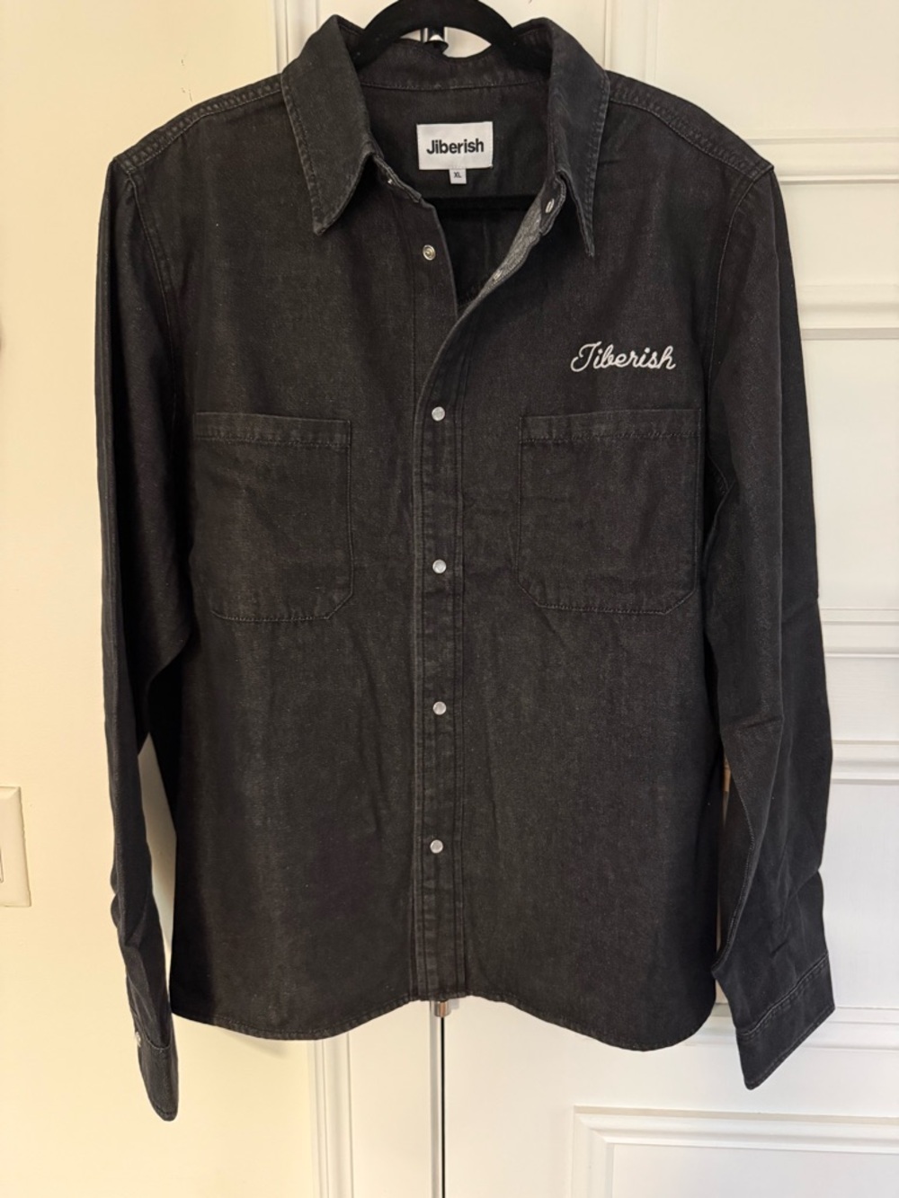 Jiberish black denim western shirt embroidered script logo XL